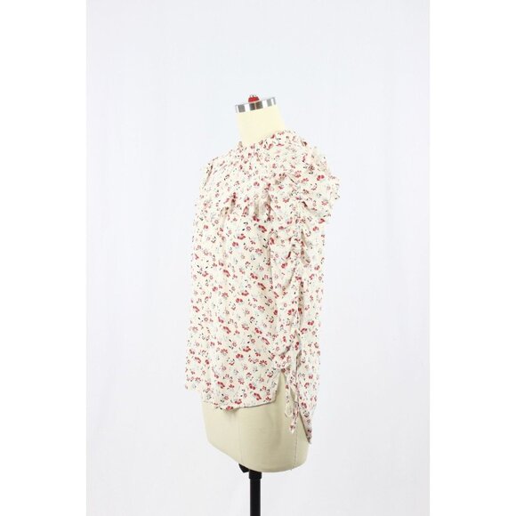 VERONICA BEARD Howell Red Floral Silk Ruffled Yoke Ruched Sleeve Blouse, Size 2 - Picture 8 of 16